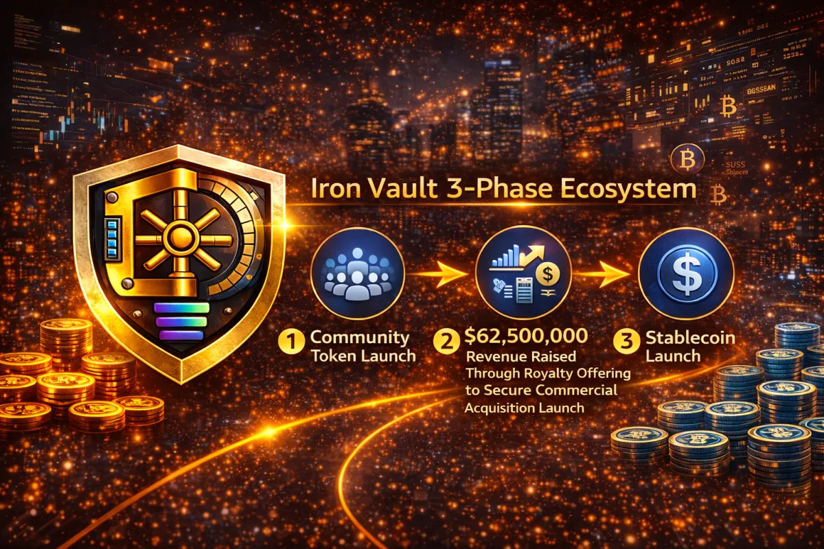 Iron Vault 3-Phase Ecosystem — Community Token Launch → $62.5M Revenue → Stablecoin Launch