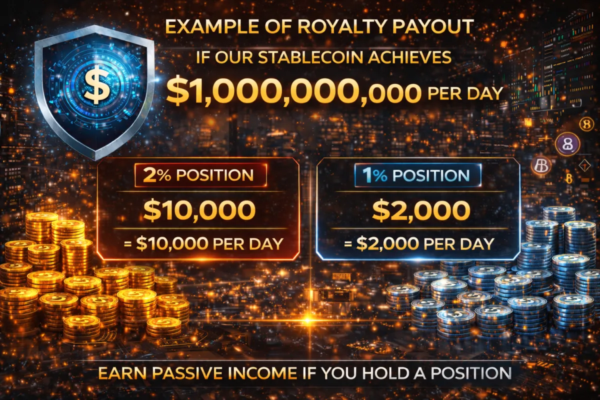 Royalty Payout Example — $1B/day stablecoin — 2% Position $10,000/day — 1% Position $2,000/day — Earn Passive Income